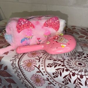 Pink Cat-Themed cosmetic bag with brush